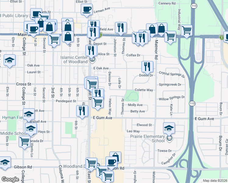 map of restaurants, bars, coffee shops, grocery stores, and more near 651 Denise Drive in Woodland