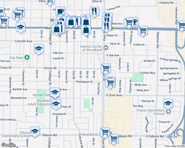 map of restaurants, bars, coffee shops, grocery stores, and more near 721 6th Street in Woodland