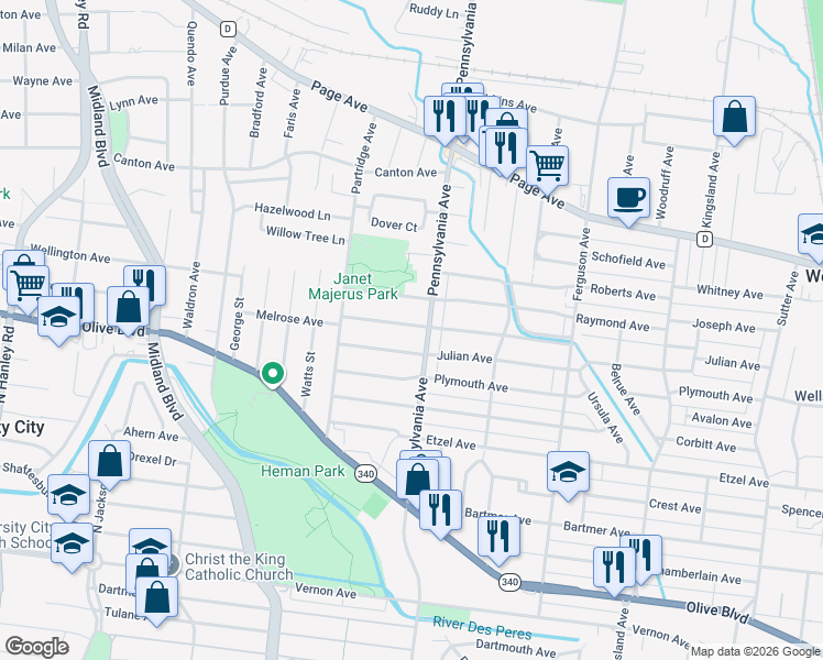 map of restaurants, bars, coffee shops, grocery stores, and more near 7017 Melrose Avenue in University City