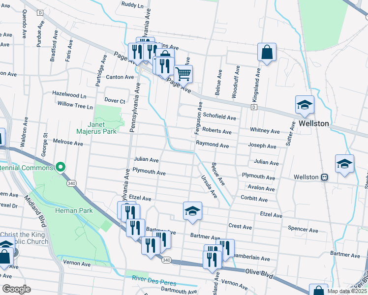 map of restaurants, bars, coffee shops, grocery stores, and more near 6823 Melrose Avenue in University City