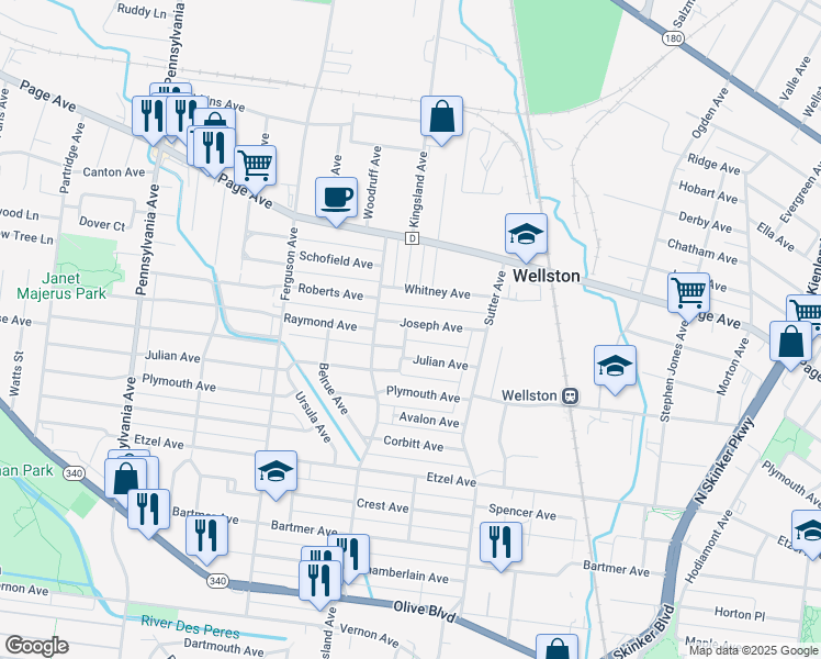 map of restaurants, bars, coffee shops, grocery stores, and more near 6545 Joseph Avenue in St. Louis