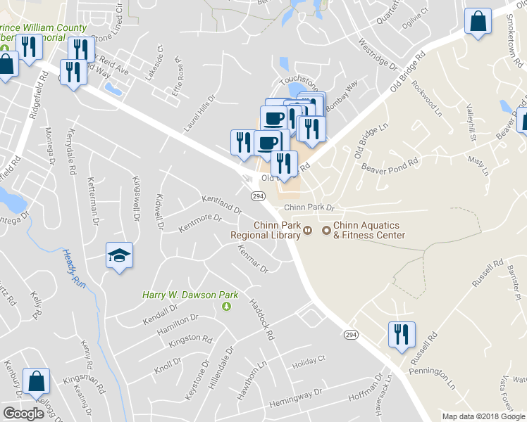 map of restaurants, bars, coffee shops, grocery stores, and more near 4221 Prince William Parkway in Woodbridge
