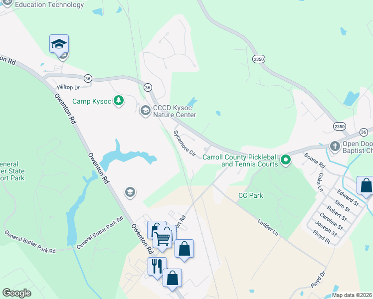 map of restaurants, bars, coffee shops, grocery stores, and more near Sycamore Circle in Carrollton