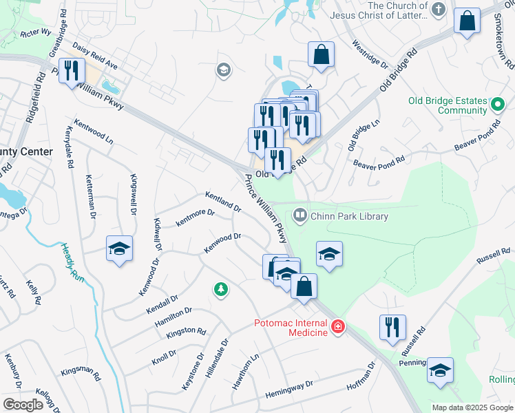 map of restaurants, bars, coffee shops, grocery stores, and more near 4221 Prince William Parkway in Woodbridge