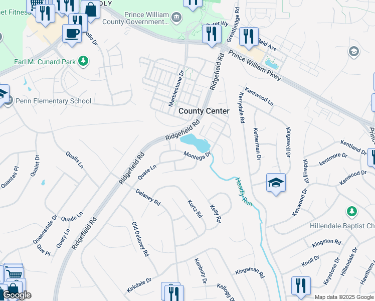 map of restaurants, bars, coffee shops, grocery stores, and more near 4836 Montega Drive in Woodbridge