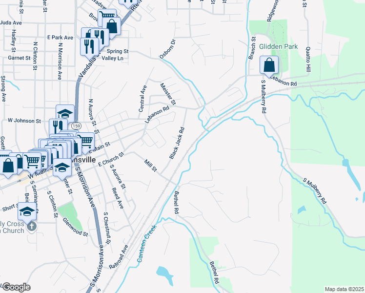 map of restaurants, bars, coffee shops, grocery stores, and more near 149 Black Jack Road in Collinsville