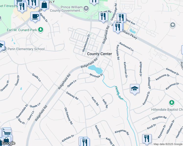 map of restaurants, bars, coffee shops, grocery stores, and more near 4836 Montega Drive in Woodbridge