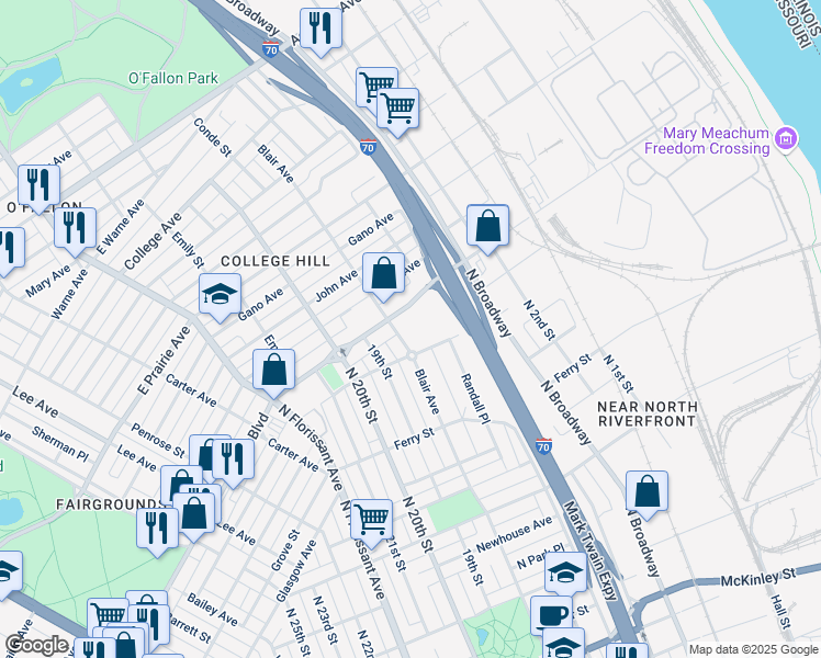 map of restaurants, bars, coffee shops, grocery stores, and more near 1438 East Grand Boulevard in St. Louis