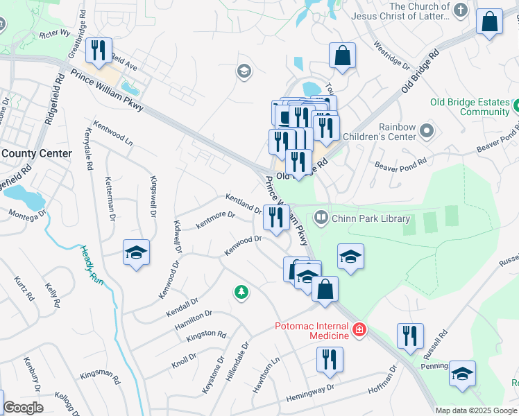 map of restaurants, bars, coffee shops, grocery stores, and more near 4332 Kentland Drive in Woodbridge