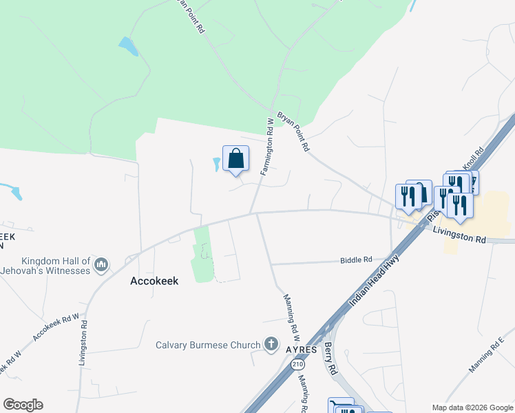 map of restaurants, bars, coffee shops, grocery stores, and more near 15933 Livingston Road in Accokeek