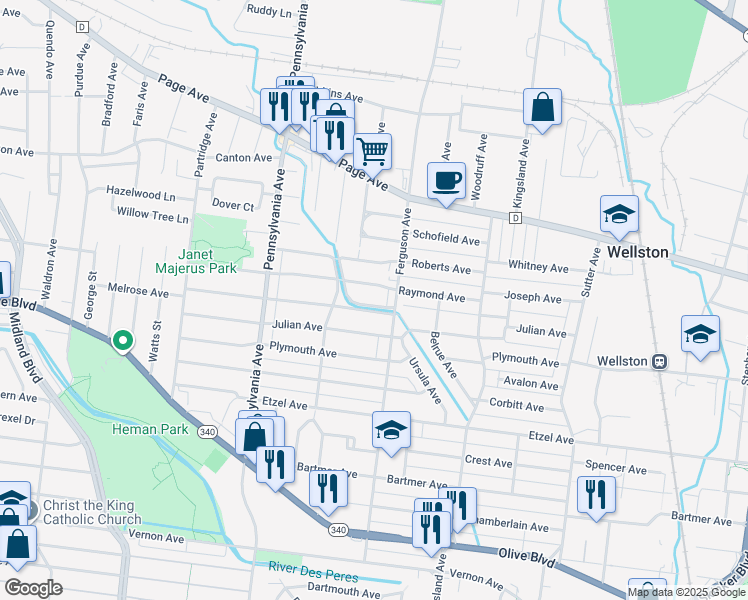 map of restaurants, bars, coffee shops, grocery stores, and more near 6823 Melrose Avenue in University City