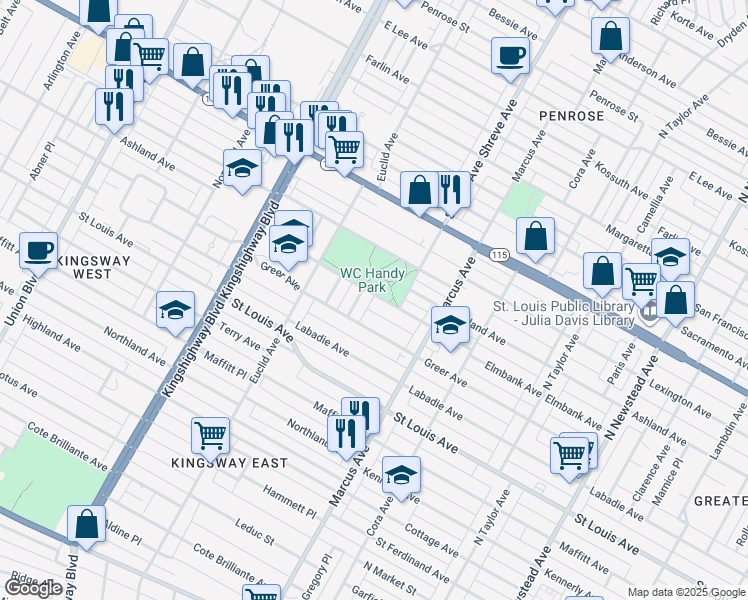 map of restaurants, bars, coffee shops, grocery stores, and more near 4776 Ashland Avenue in St. Louis