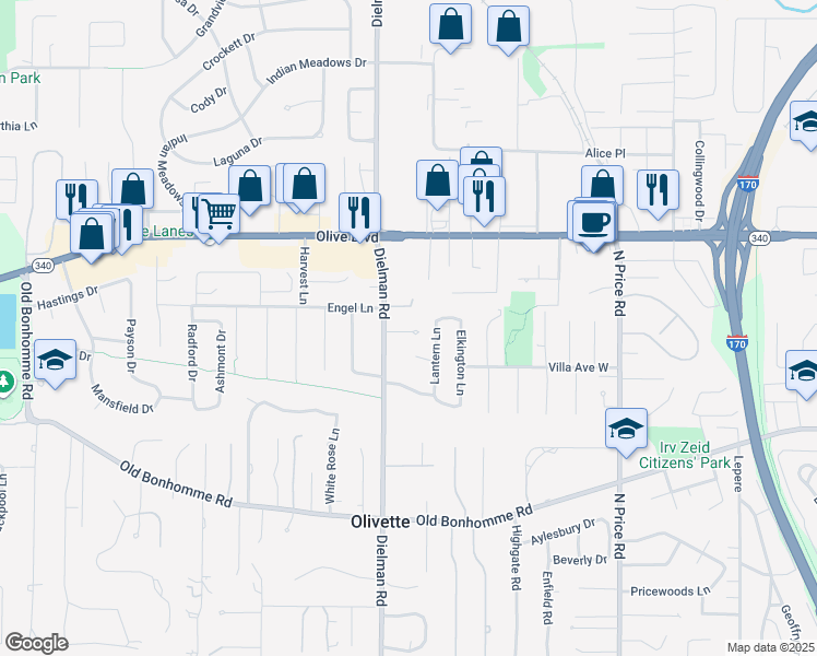 map of restaurants, bars, coffee shops, grocery stores, and more near 2 Marbrooke Lane in Olivette