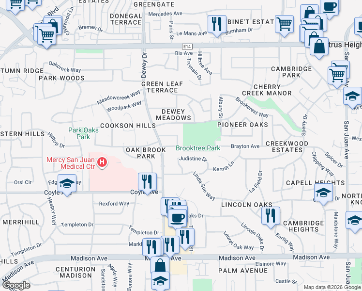 map of restaurants, bars, coffee shops, grocery stores, and more near 6726 Connemara Circle in Citrus Heights