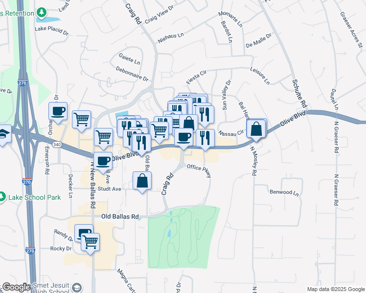 map of restaurants, bars, coffee shops, grocery stores, and more near Olive Blvd & Craig Rd in Creve Coeur
