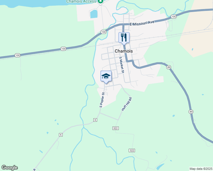 map of restaurants, bars, coffee shops, grocery stores, and more near 614 Poplar Street in Chamois