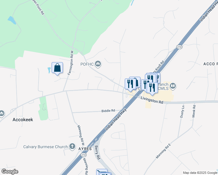 map of restaurants, bars, coffee shops, grocery stores, and more near 15833 Livingston Road in Accokeek