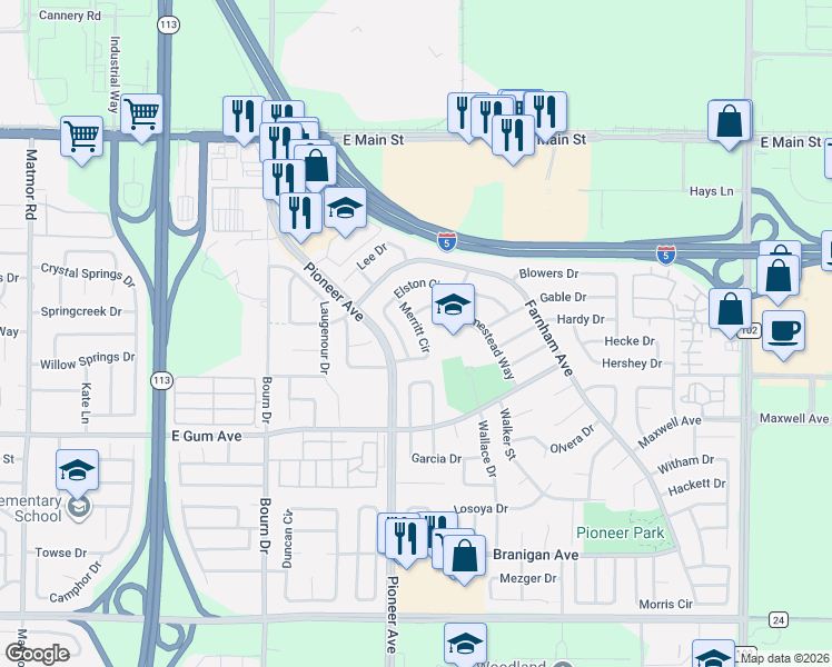 map of restaurants, bars, coffee shops, grocery stores, and more near 774 Merritt Circle in Woodland