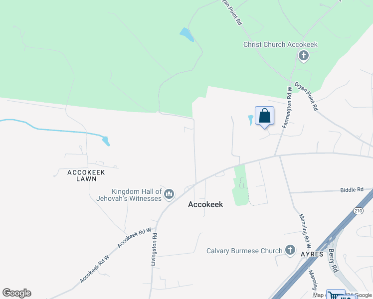 map of restaurants, bars, coffee shops, grocery stores, and more near 1102 Sanford Lane in Accokeek