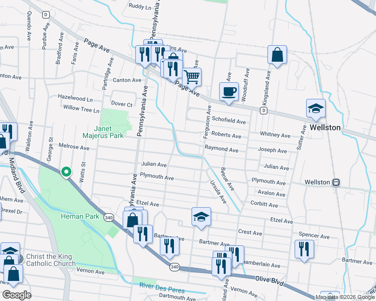 map of restaurants, bars, coffee shops, grocery stores, and more near 6818 Raymond Avenue in University City