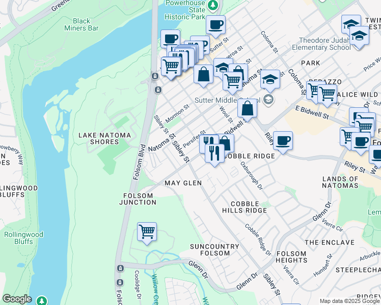 map of restaurants, bars, coffee shops, grocery stores, and more near 1006 Bidwell Street in Folsom