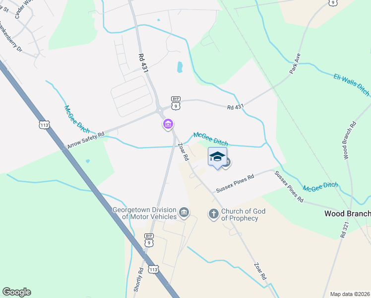 map of restaurants, bars, coffee shops, grocery stores, and more near 21761 Zoar Road in Georgetown