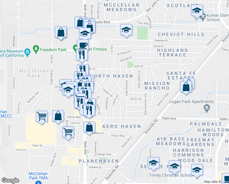 map of restaurants, bars, coffee shops, grocery stores, and more near 5708 Georgia Drive in North Highlands