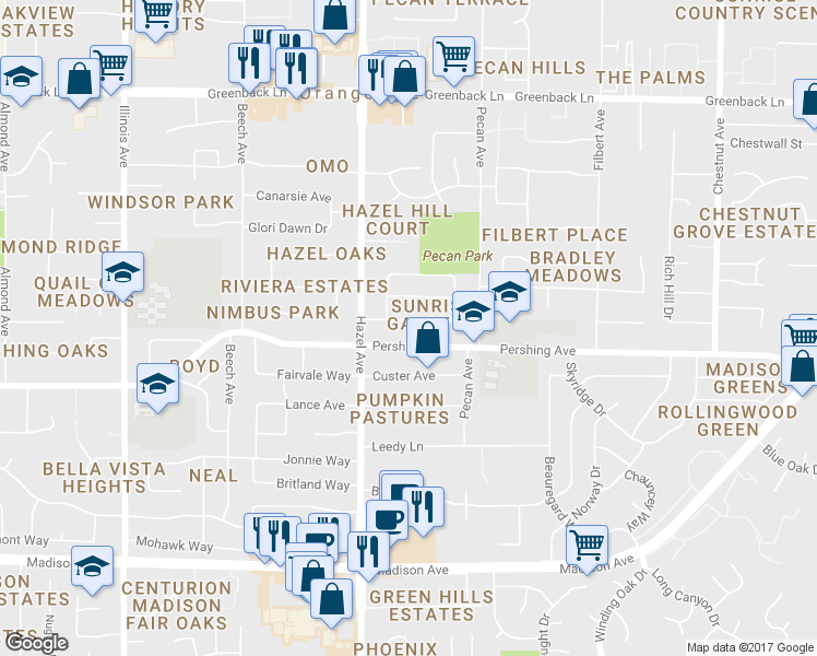 map of restaurants, bars, coffee shops, grocery stores, and more near 8916 Aksarben Drive in Orangevale