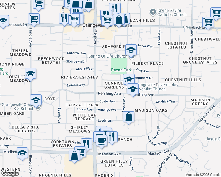 map of restaurants, bars, coffee shops, grocery stores, and more near 8916 Aksarben Drive in Orangevale