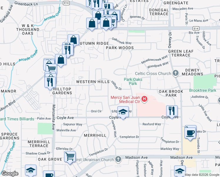 map of restaurants, bars, coffee shops, grocery stores, and more near 6234 Oak Park Court in Carmichael