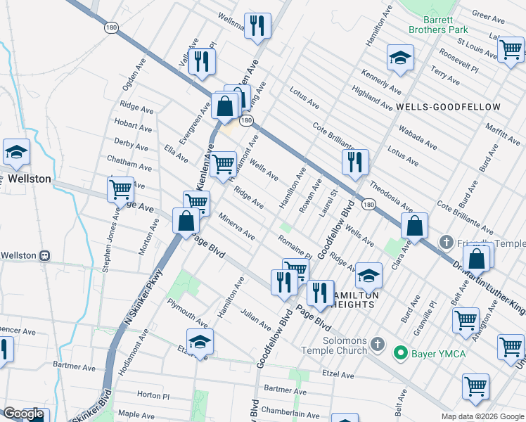 map of restaurants, bars, coffee shops, grocery stores, and more near 5924 Ridge Avenue in St. Louis