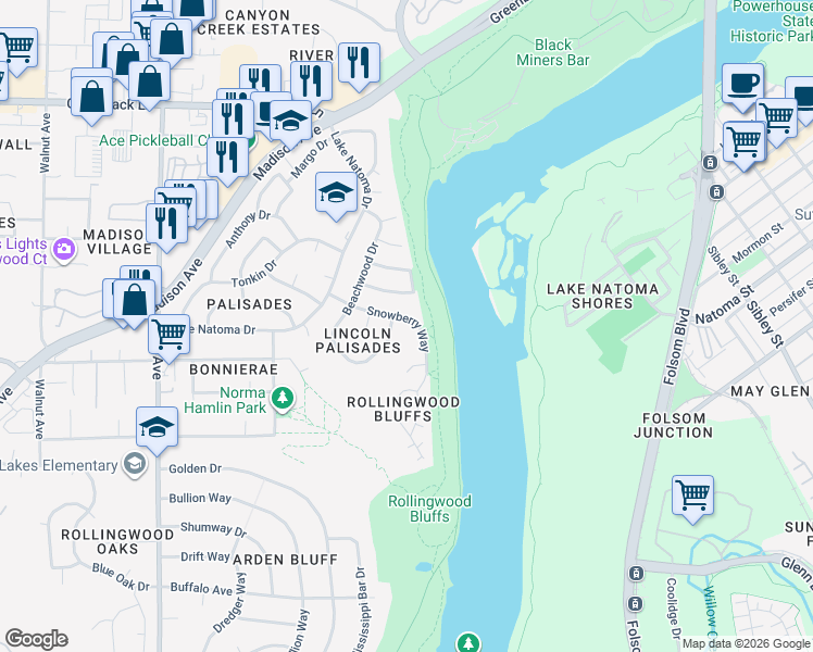 map of restaurants, bars, coffee shops, grocery stores, and more near 9656 Snowberry Way in Orangevale