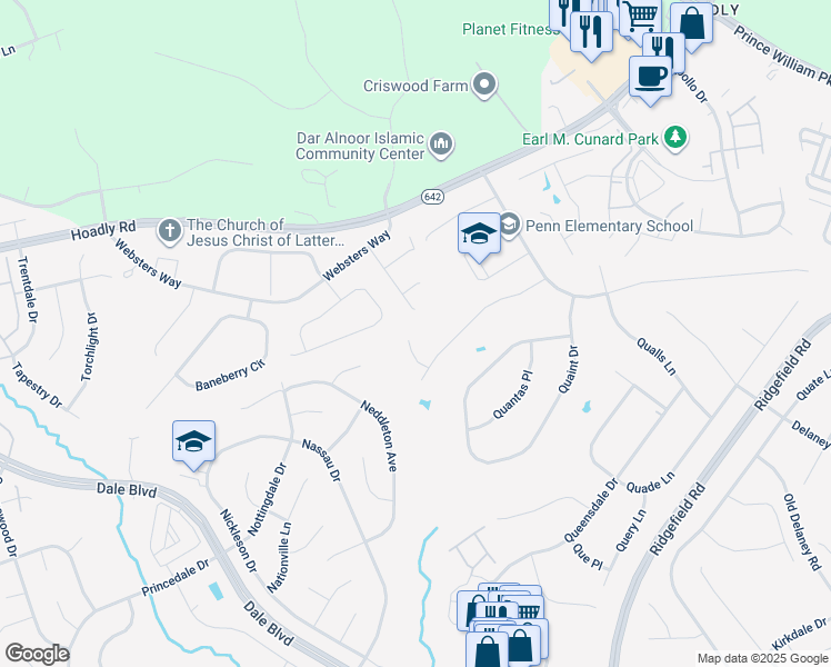 map of restaurants, bars, coffee shops, grocery stores, and more near 13021 Quay Court in Woodbridge