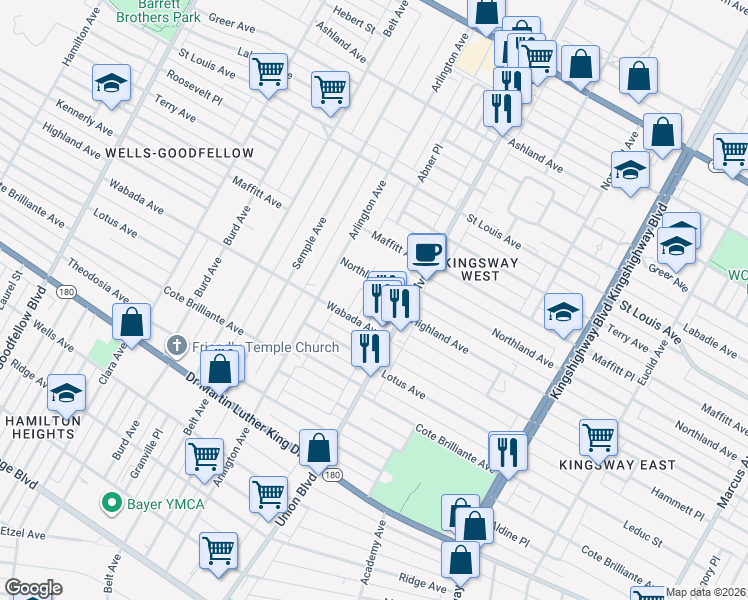 map of restaurants, bars, coffee shops, grocery stores, and more near 2533 Grover Street in St. Louis