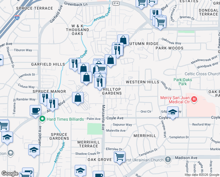 map of restaurants, bars, coffee shops, grocery stores, and more near 5928 Hilltop Drive in Carmichael