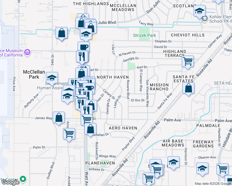 map of restaurants, bars, coffee shops, grocery stores, and more near 5708 Georgia Drive in North Highlands
