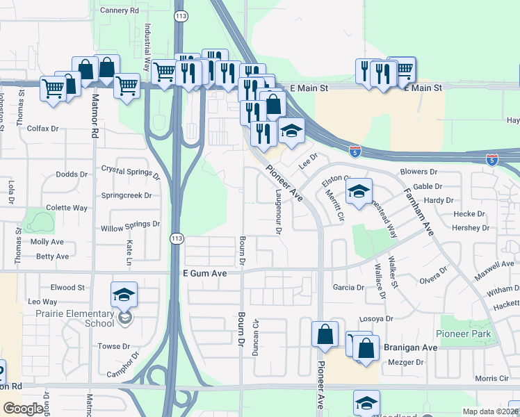 map of restaurants, bars, coffee shops, grocery stores, and more near 1618 Farnham Avenue in Woodland