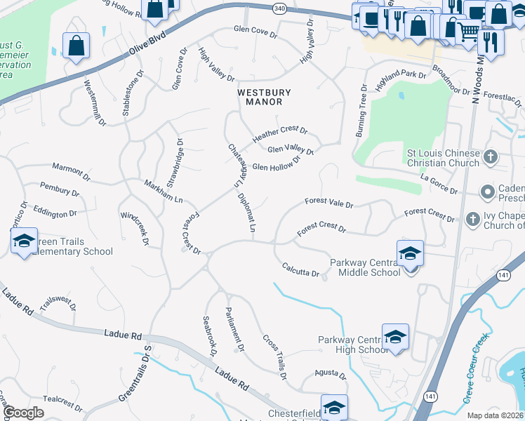 map of restaurants, bars, coffee shops, grocery stores, and more near 320 Statesman Court in Chesterfield