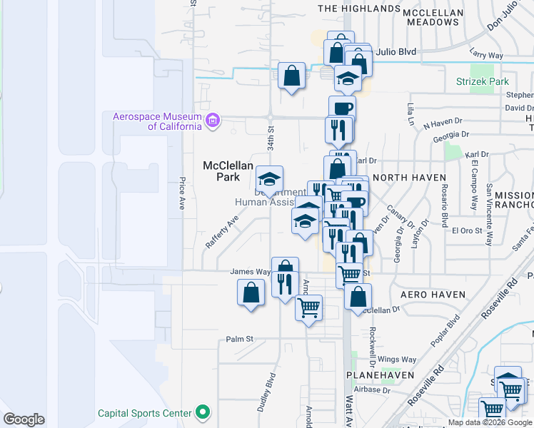 map of restaurants, bars, coffee shops, grocery stores, and more near 5729 Dudley Boulevard in McClellan Park