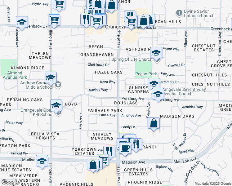 map of restaurants, bars, coffee shops, grocery stores, and more near 5801 Hazel Avenue in Orangevale
