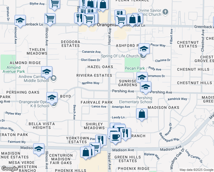 map of restaurants, bars, coffee shops, grocery stores, and more near 5803 Hazel Avenue in Orangevale