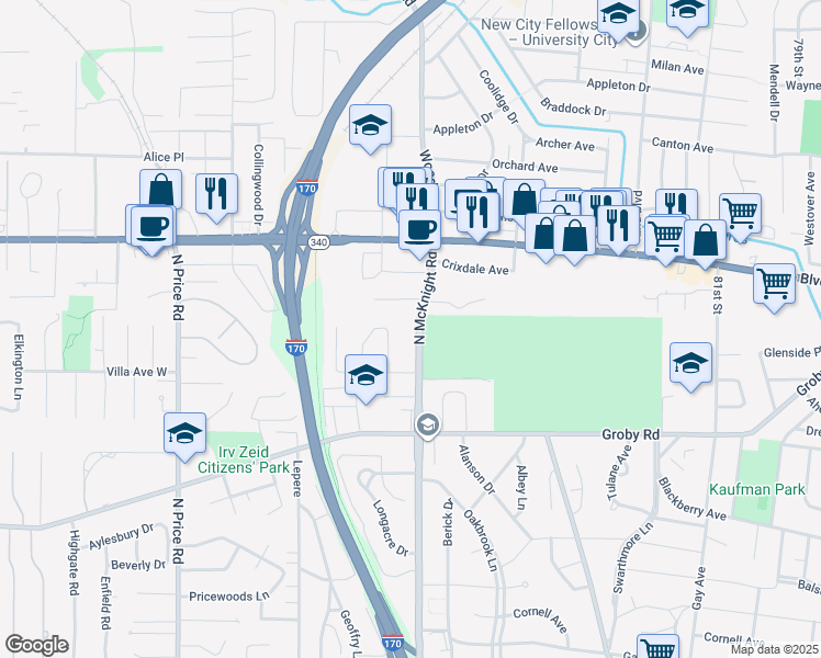 map of restaurants, bars, coffee shops, grocery stores, and more near 1133 McKnight Road in St. Louis