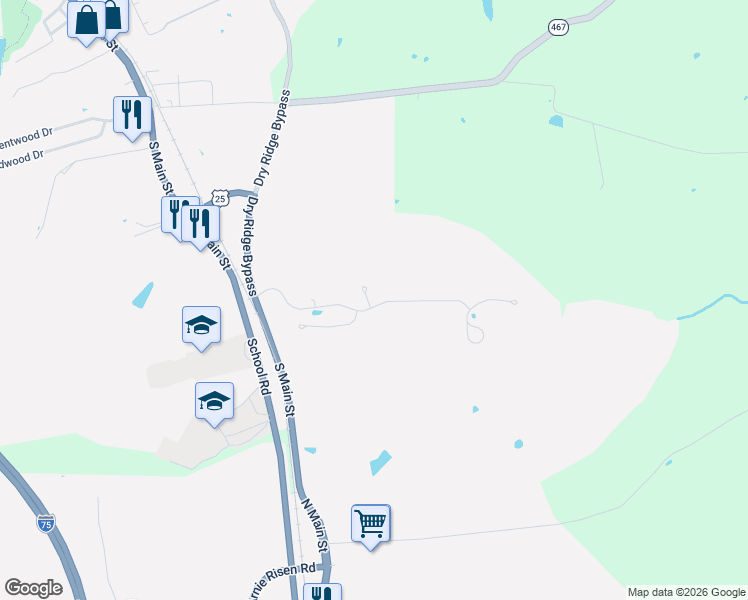 map of restaurants, bars, coffee shops, grocery stores, and more near 111 Forest Cove in Dry Ridge