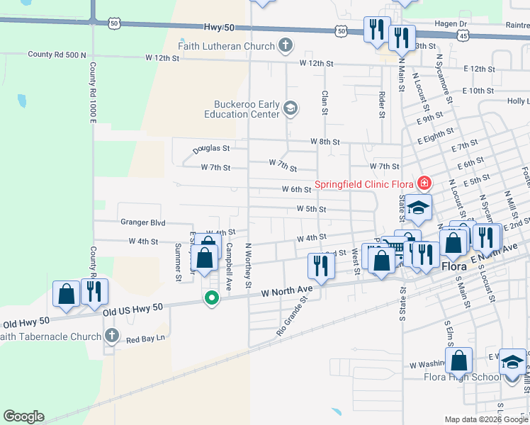 map of restaurants, bars, coffee shops, grocery stores, and more near 601-847 W 5th St in Flora