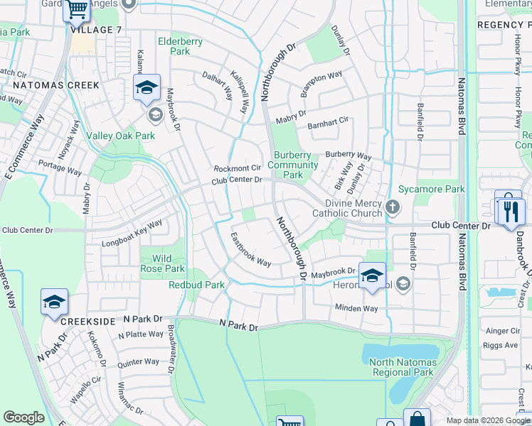 map of restaurants, bars, coffee shops, grocery stores, and more near 210 Eastbrook Way in Sacramento