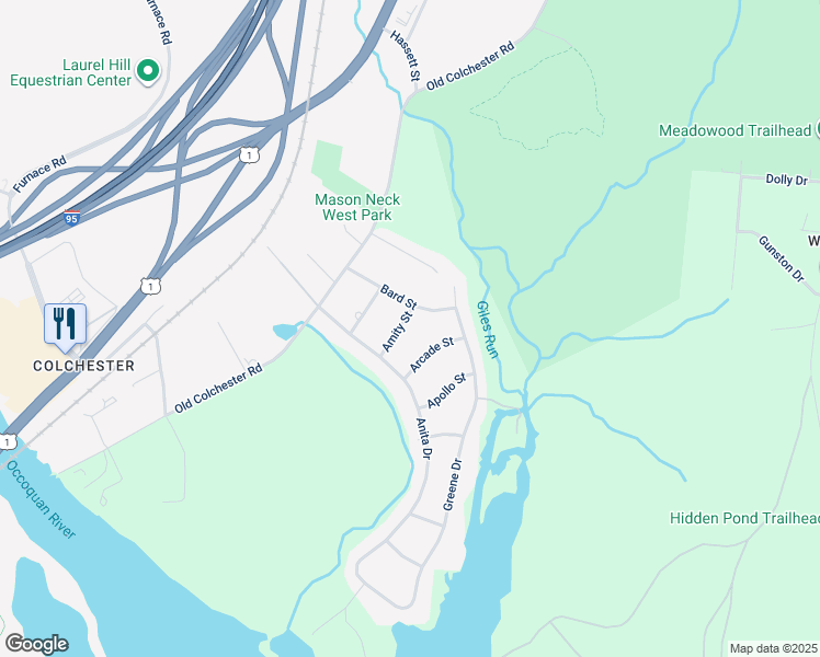 map of restaurants, bars, coffee shops, grocery stores, and more near 10523 Amity Street in Lorton