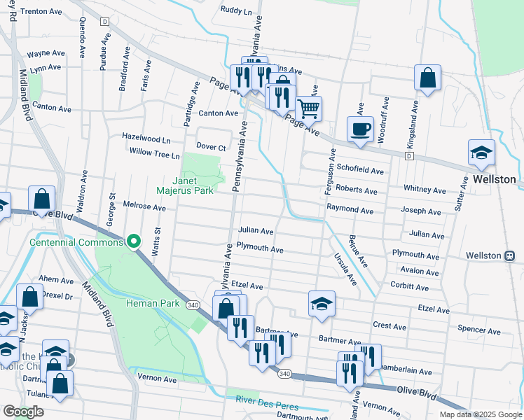 map of restaurants, bars, coffee shops, grocery stores, and more near 6929 Melrose Avenue in University City