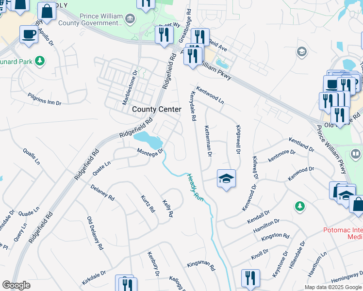 map of restaurants, bars, coffee shops, grocery stores, and more near 13042 Taverner Loop in Woodbridge