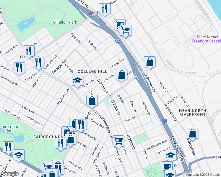 map of restaurants, bars, coffee shops, grocery stores, and more near 1910 Obear Avenue in St. Louis