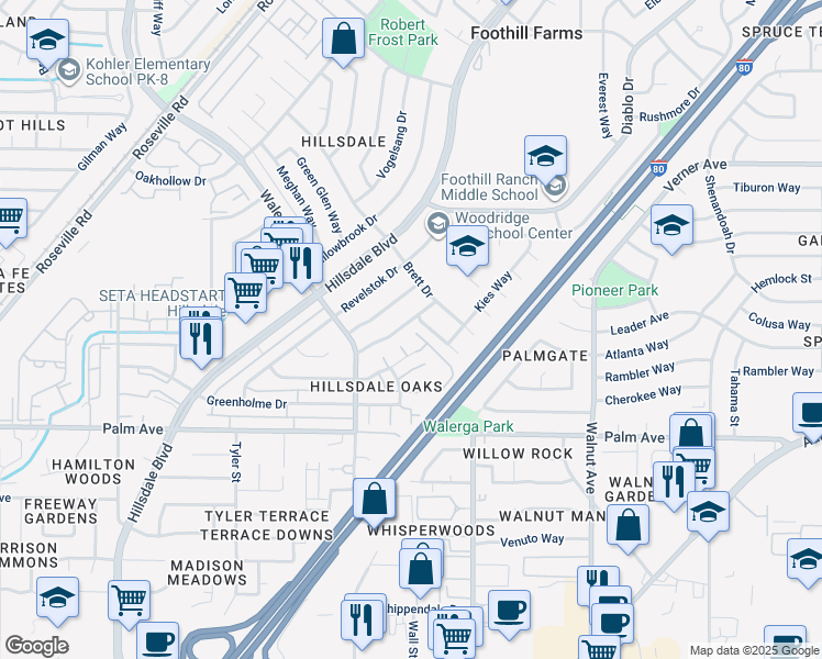 map of restaurants, bars, coffee shops, grocery stores, and more near 4740 Stonehurst Way in Sacramento